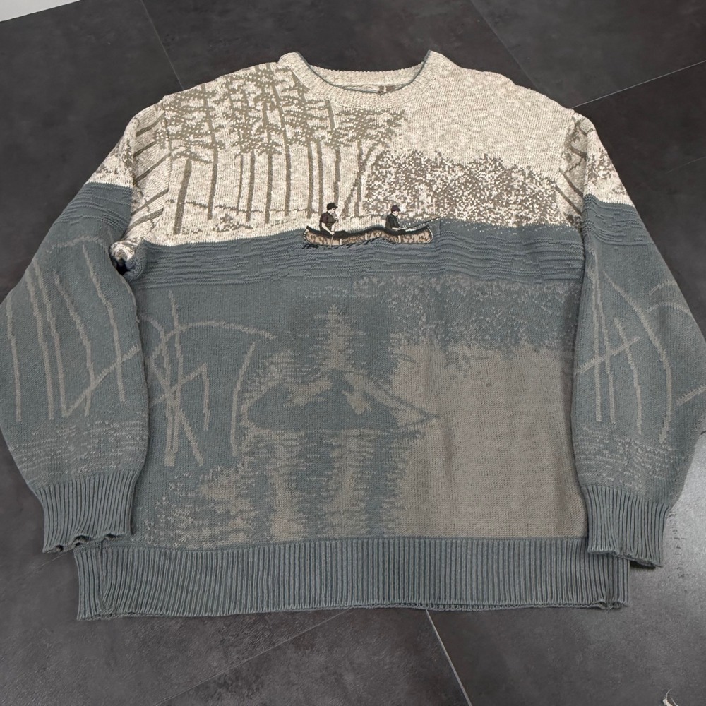 Vintage Scenic Canoe Lake Fishing Knit Sweater Mens Large Blue Tan Cotton Blend